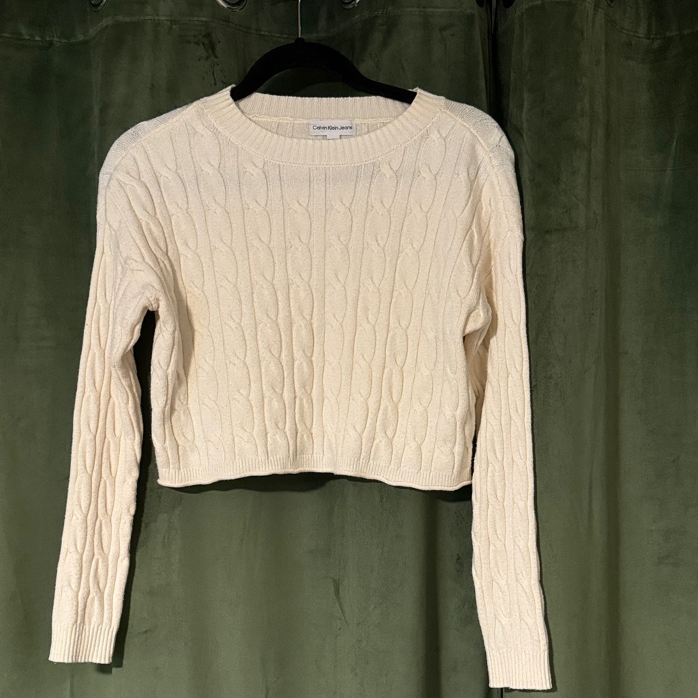 Calvin Klein Ivory Cable-Knit Cropped Sweater